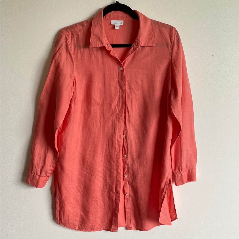 J. Jill Love Linen Tunic Length Button Down Shirt Split Hem Coral Pink